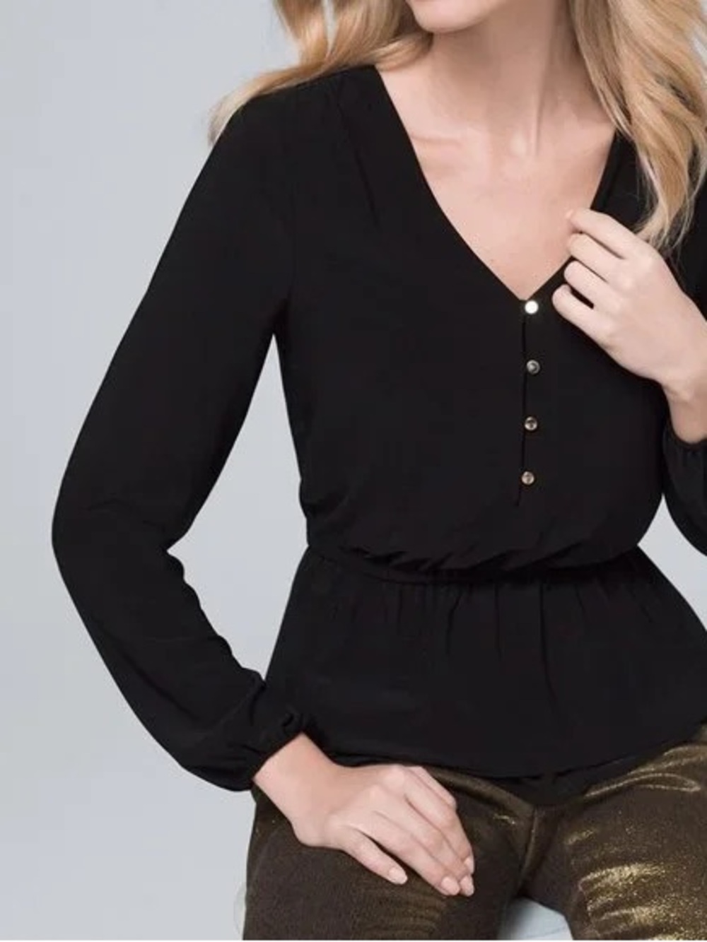 White House Black Market Black V-Neck Long-Sleeve Peplum Blouse